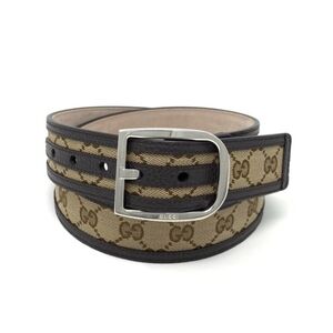 Gucci Canvas Leather Trimmed Belt Brass Buckle Size 38 Luxury Classic Preowned
